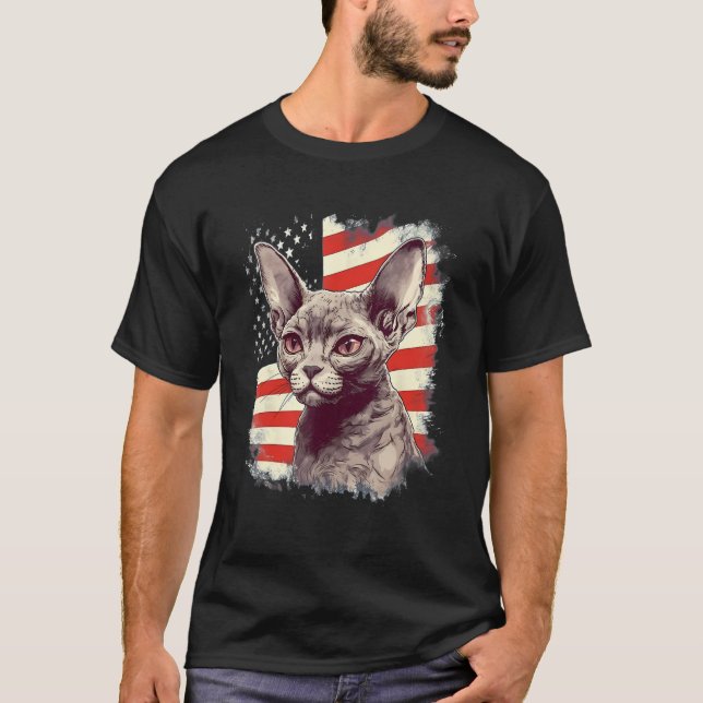 4th Of July US Flag Devon Rex Cat T Shirt (Framsida)
