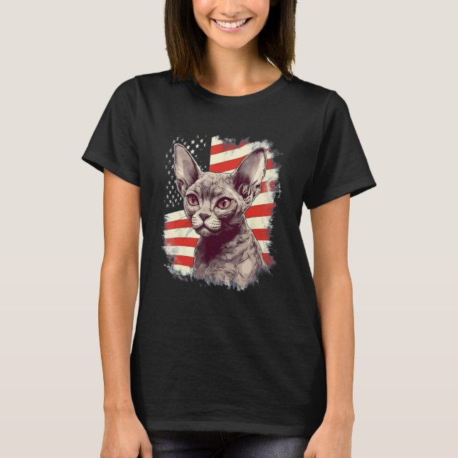 4th Of July US Flag Devon Rex Cat T Shirt (Framsida)
