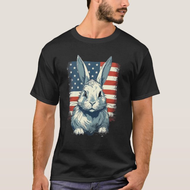 4th Of July US Flag Lionhead Rabbit T Shirt (Framsida)