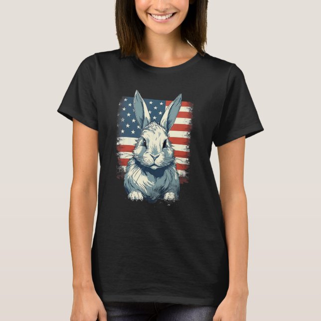 4th Of July US Flag Lionhead Rabbit T Shirt (Framsida)