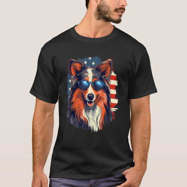 4th Of July US Flag Shetland Sheepdog T Shirt (Framsida)