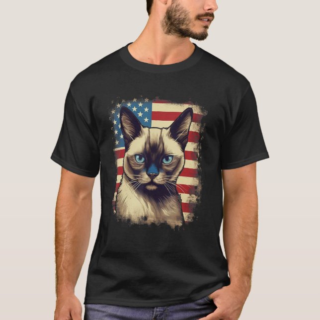 4th Of July US Flag Siamese Cat T Shirt (Framsida)
