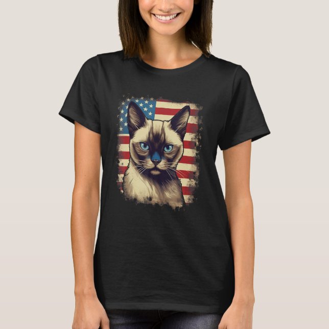 4th Of July US Flag Siamese Cat T Shirt (Framsida)