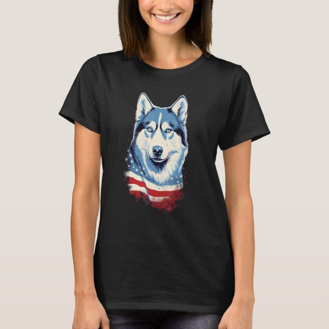 4th Of July US Flag Siberian Husky Dog T Shirt (Framsida)