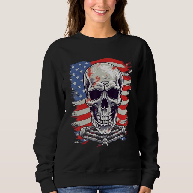 4th Of July US Flag Skeleton T Shirt (Framsida)
