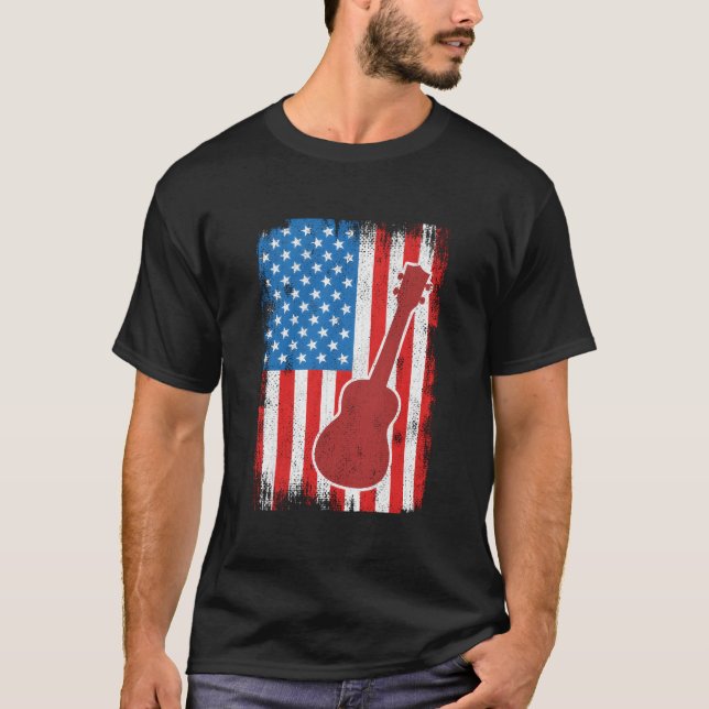 4Th Of July Usa Ukulele Musician T Shirt (Framsida)