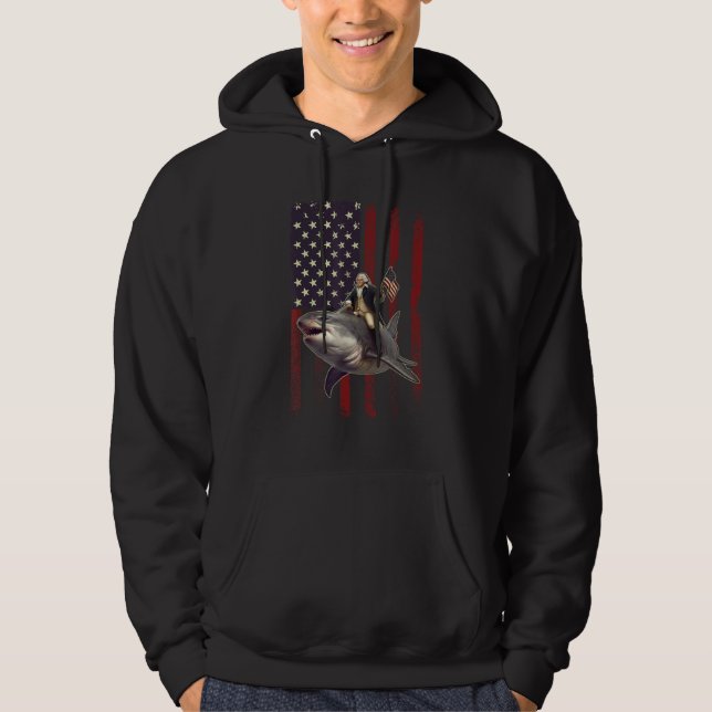 4th of July Washington Riding Shark USA American F Hoodie (Framsida)
