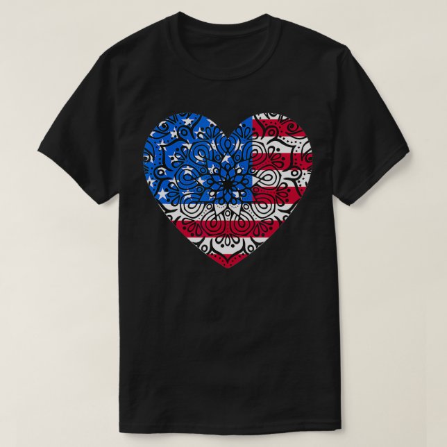 4th of July Women Girls Kids Mandala American Hear T Shirt (Design framsida)
