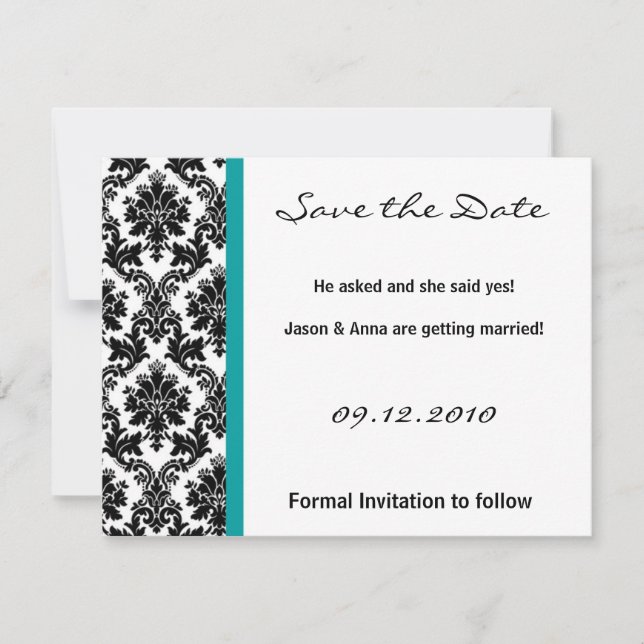 4x5 Spara datum-kort - Svart Damask & Teal Turqu Datumet (Framsida)