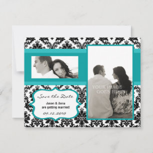 4x5 Spara datum-kort - Svart Damask & Turkos Datumet