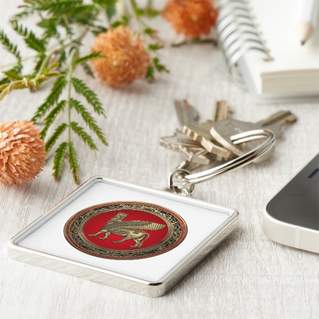 [500] Assyrian Winged Bull - Guld Lamassu Fyrkantig Silverfärgad Nyckelring (Sidan)