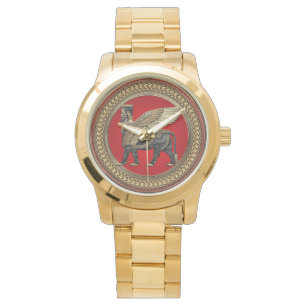 [500] Assyrian Winged Bull: Guld och Black Lamassu Armbandsur