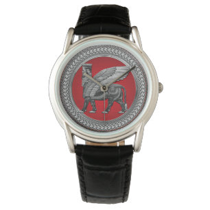 [500] Assyrian Winged Bull: Silver & Black Lamassu Armbandsur