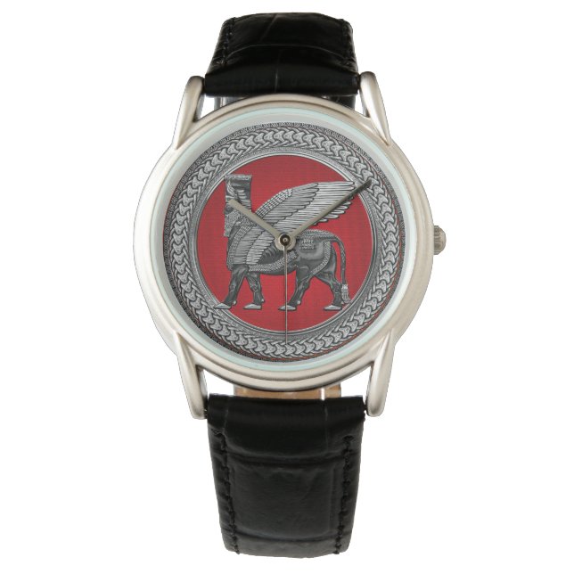 [500] Assyrian Winged Bull: Silver & Black Lamassu Armbandsur (Framsida)