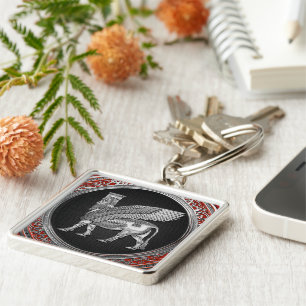 [500] Assyrian Winged Bull - Silver Lamassu Fyrkantig Silverfärgad Nyckelring