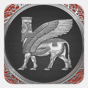 [500] Assyrian Winged Bull - Silver Lamassu Fyrkantigt Klistermärke