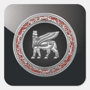 [500] Babyloniska Winged Bull [Silver] [3D] Fyrkantigt Klistermärke