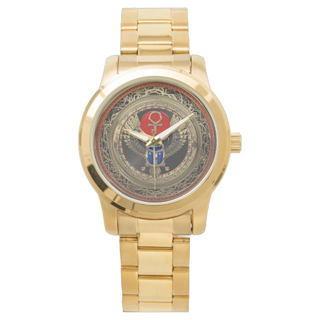 [500] Egyptiska Winged Scarab i Helig Guld med Ank Armbandsur (Framsida)
