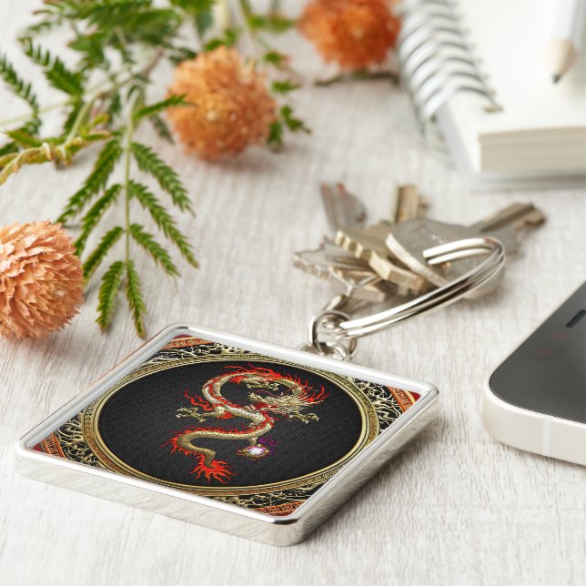 [500] Golden Chinese Dragon Fucanglong Fyrkantig Silverfärgad Nyckelring (Sidan)