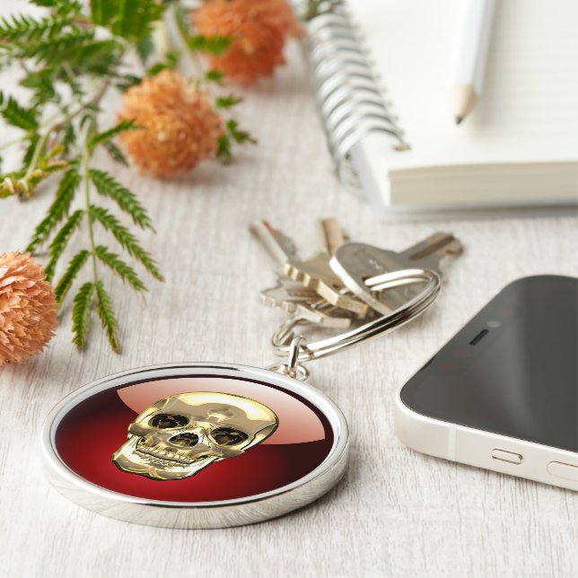 [500] Golden Human Skull Rund Silverfärgad Nyckelring (Sidan)