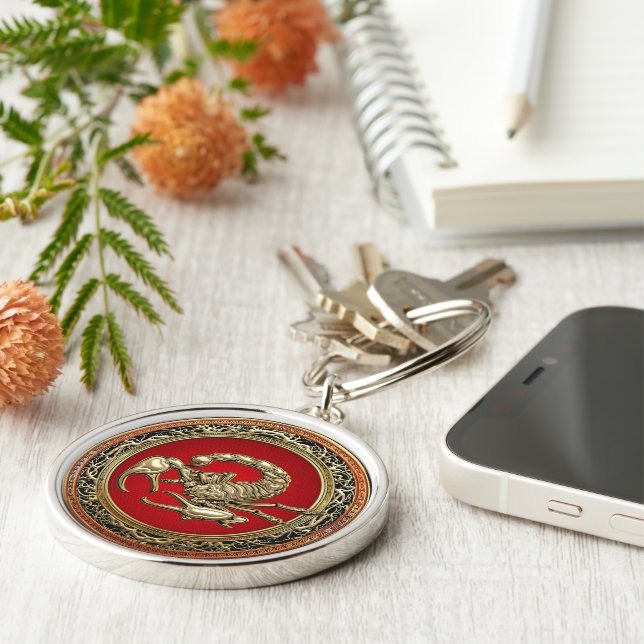 [500] Helig Golden Scorpion on Red Rund Silverfärgad Nyckelring (Sidan)