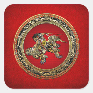 [500] Hokusai - Shoki Riding Shishi Lejon Fyrkantigt Klistermärke