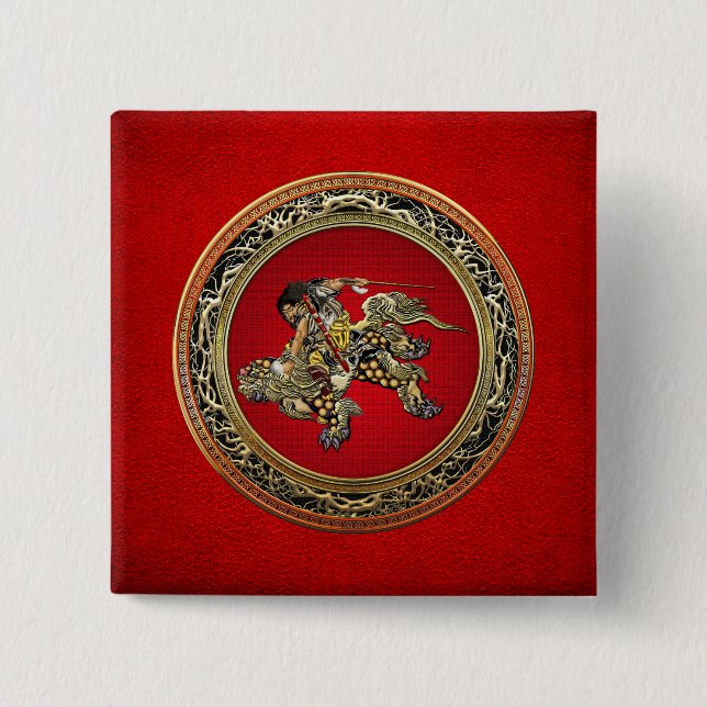 [500] Hokusai - Shoki Riding Shishi Lejon Knapp (Framsida)