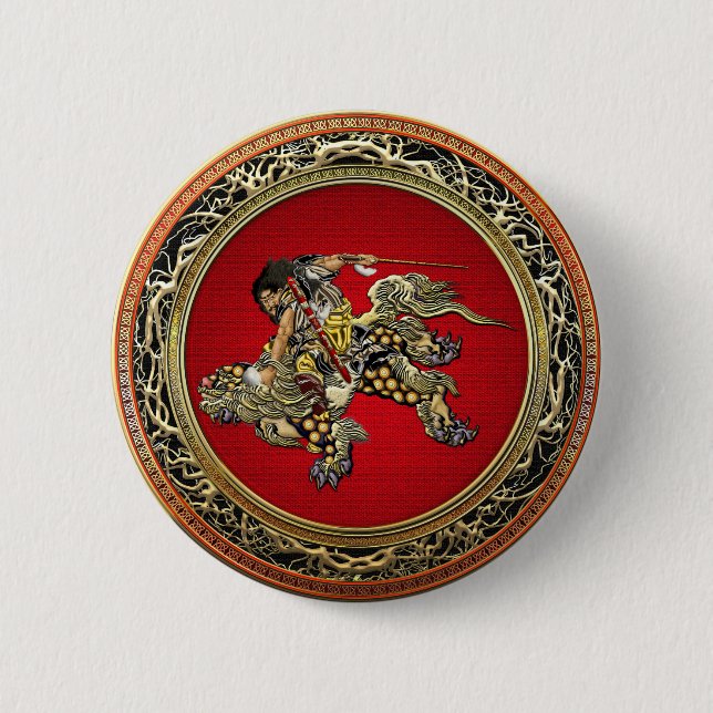 [500] Hokusai - Shoki Riding Shishi Lejon Knapp (Framsida)