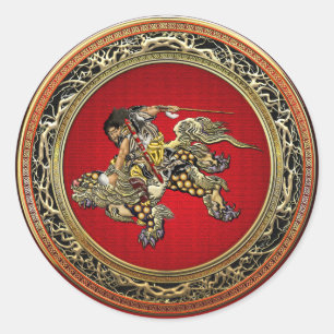 [500] Hokusai - Shoki Riding Shishi Lejon Runt Klistermärke