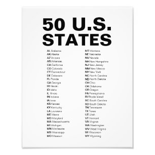50 amerikanska delstater förkortningar svart & vit fototryck
