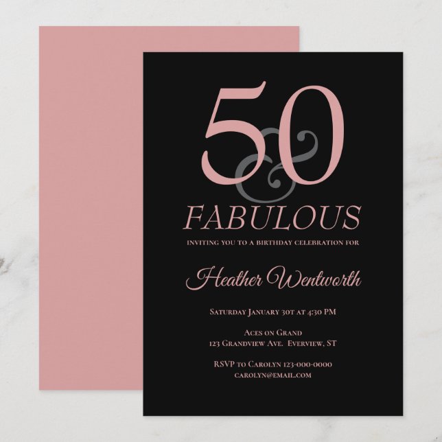 50 and Fabulous 50th Birthday Dusty Pink Inbjudningar (Fram/baksida)
