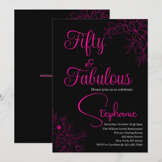 50 and Fabulous | 50th Birthday Party Black Pink Inbjudningar (Fram/baksida)