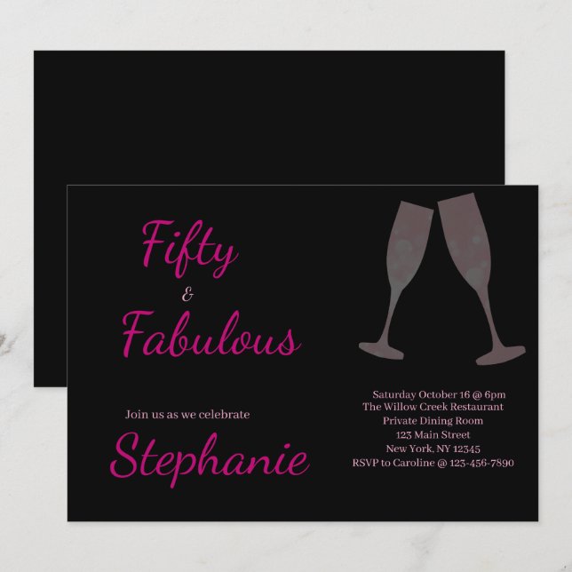 50 and Fabulous | 50th Birthday Party Black Pink Inbjudningar (Fram/baksida)