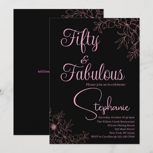 50 and Fabulous | 50th Birthday Party Black Pink Inbjudningar (Fram/baksida)