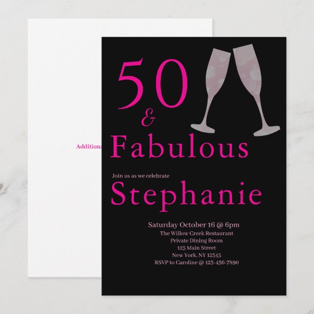 50 and Fabulous | 50th Birthday Party Black Pink Inbjudningar (Fram/baksida)
