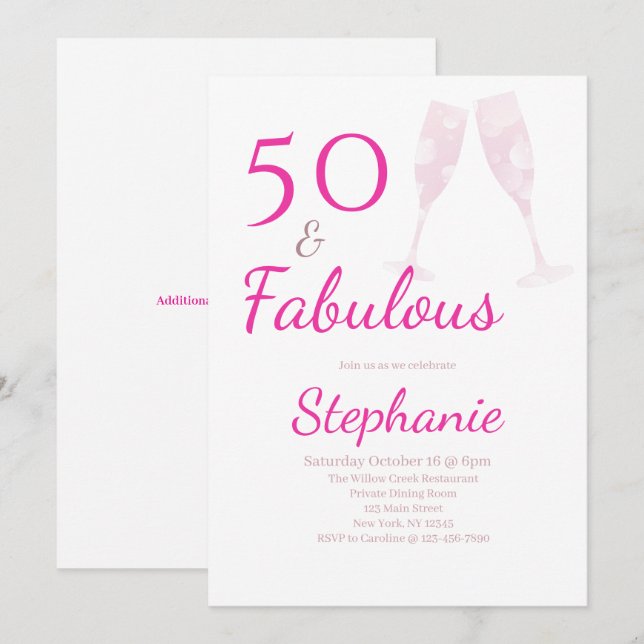 50 and Fabulous | 50th Birthday Party Pink Inbjudningar (Fram/baksida)