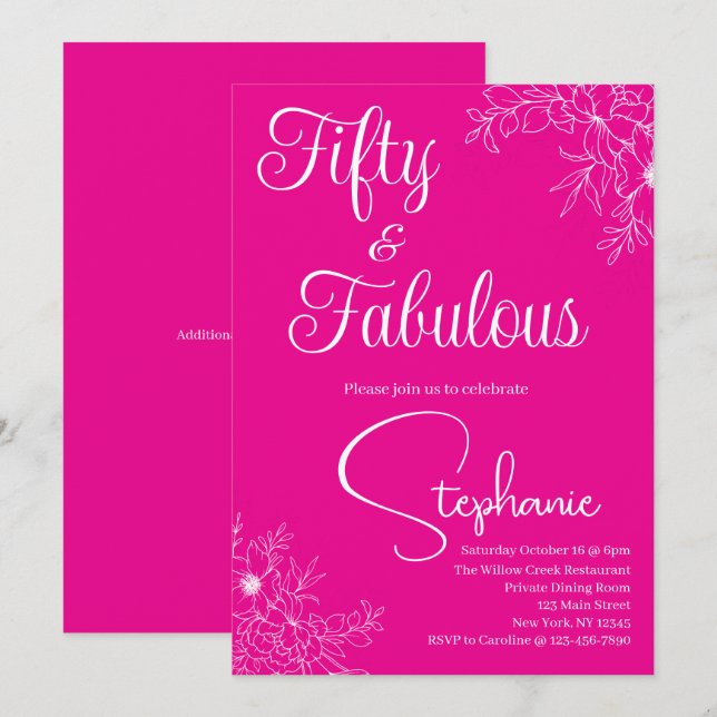 50 and Fabulous | 50th Birthday Party Pink White Inbjudningar (Fram/baksida)