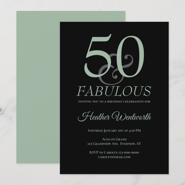 50 and Fabulous 50th Birthday Sage Black Inbjudningar (Fram/baksida)
