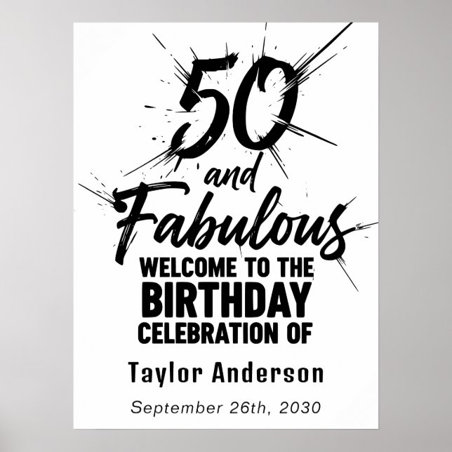 50 and Fabulous Birthday Bursting Black and White Poster (Framsidan)