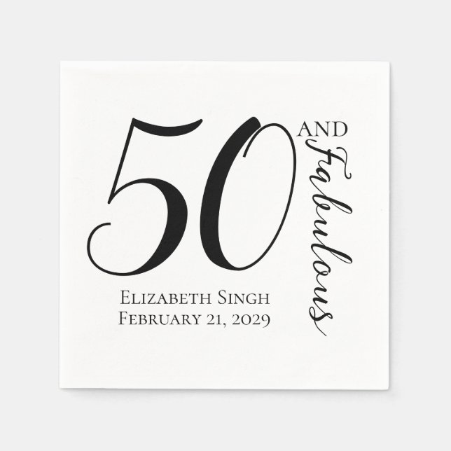 50 and Fabulous Birthday Party Black and White Pappersservett (Framsidan)