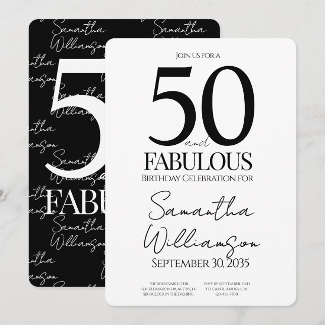 50 and Fabulous Black | 50th Birthday Elegant  Inbjudningar (Fram/baksida)