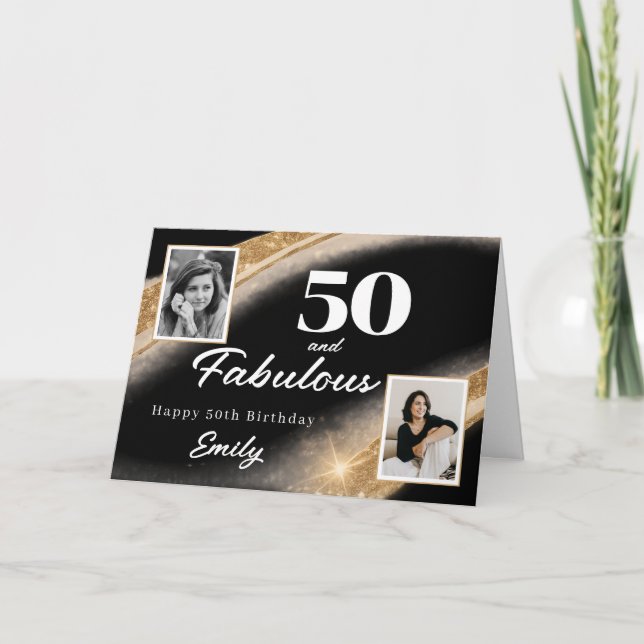 50 and Fabulous Black Gold Photo 50th Birthday Kort (Framsida)
