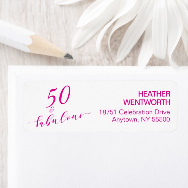 50 and Fabulous Fiftieth Birthday Hot Pink Address Returadress Etikett (Insitu)
