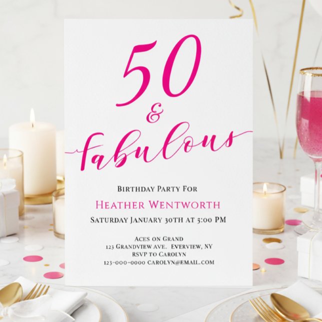 50 and Fabulous Fiftieth Birthday Hot Pink Script Inbjudningar (Skapare uppladdad)