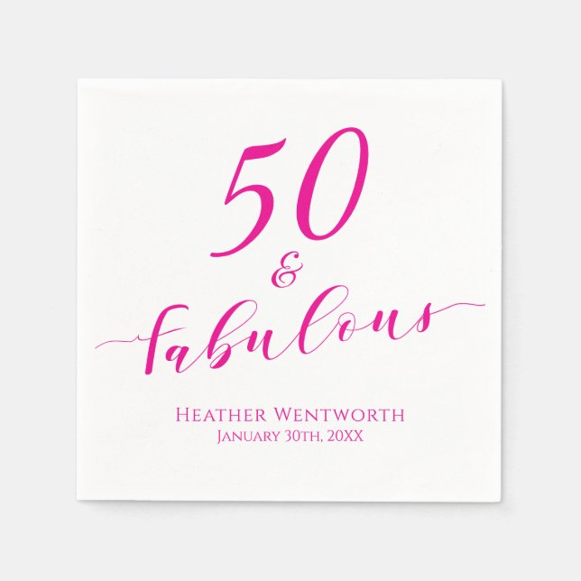 50 and Fabulous Fiftieth Birthday Pink Name Date  Pappersservett (Framsidan)