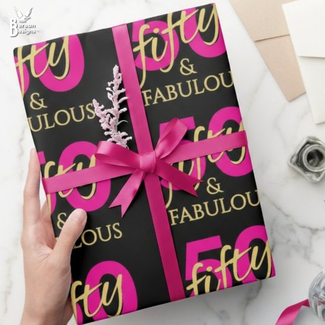 50 and Fabulous Fiftieth Birthday Presentpapper (50 and Fabulous pink, black, gold giftwrap for fiftieth birthday party. Matching 50th supplies.)