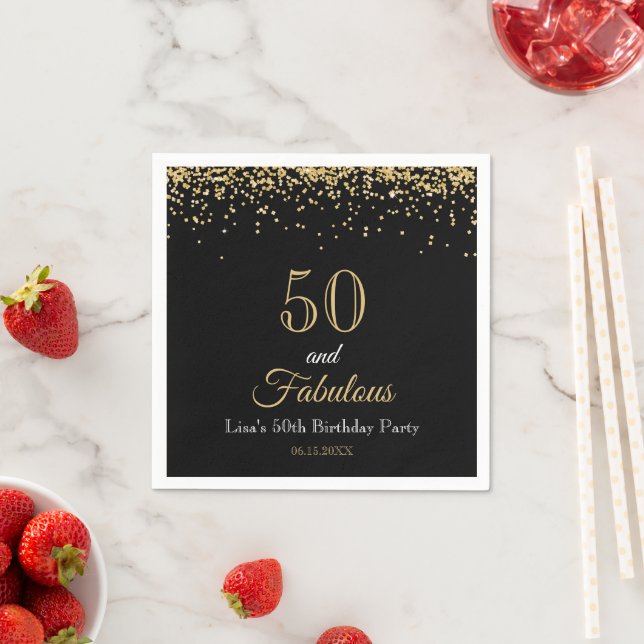 50 and Fabulous Gold Glitter and Black Birthday Pappersservett (Insitu)