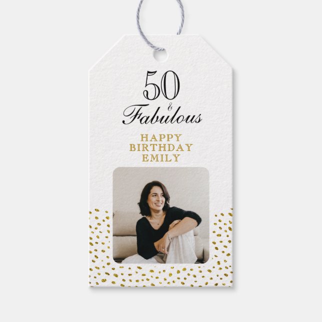 50 and Fabulous Gold Glitter Photo 50th Birthday Presentetikett (Framsidan)