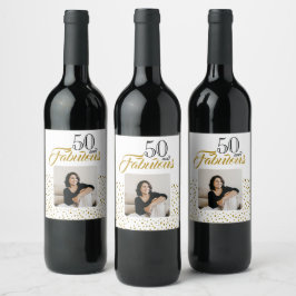 50 and Fabulous Gold Glitter Photo 50th Birthday Vinflaska Etikett