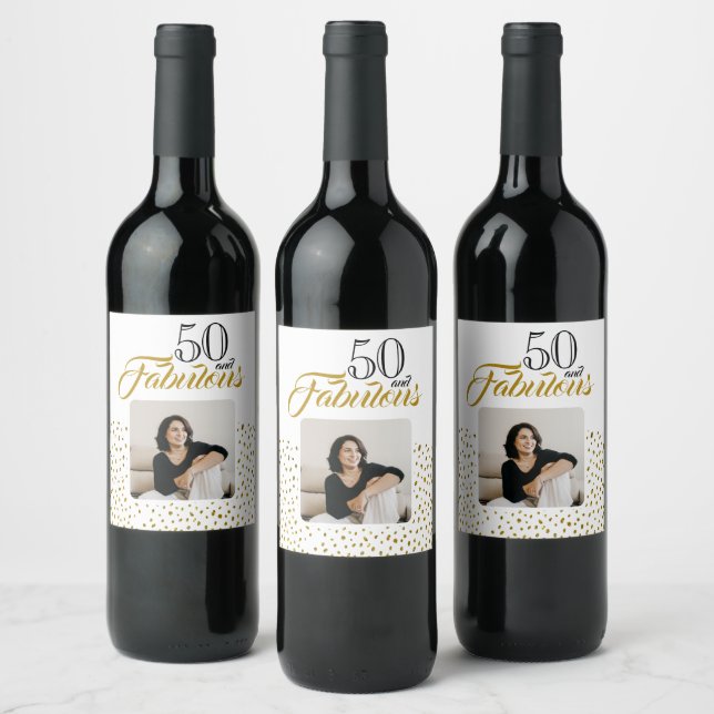 50 and Fabulous Gold Glitter Photo 50th Birthday Vinflaska Etikett (Flaskor)